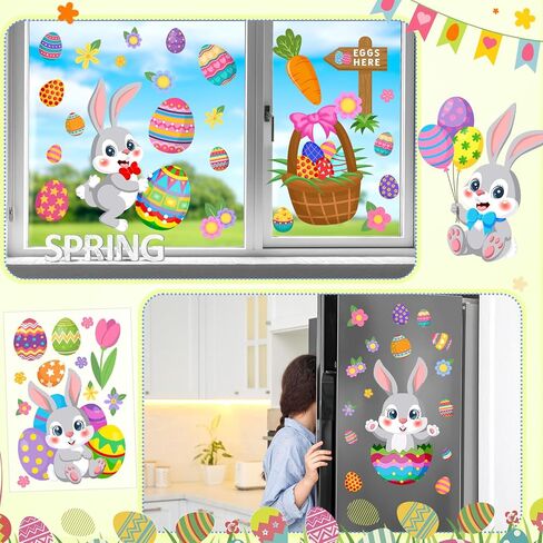 Clabby 9 Sheets Easter Window Clings 103 Pcs Happy Easter Bunny Eggs Carrot Glass Stickers Double-Side Spring Rabbit Chick Glass Decals for Spring Home Office School Party Window Door (Cute Style) in Saudi Arabia