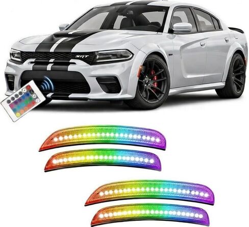 مصابيح LED للعلامات الجانبية RGB لشاحن دودج 2015-2023، مصابيح مصد أمامي وخلفي بعدسات مدخنة، جانب السائق والراكب، مجموعة من 4 قطع in Kuwait
