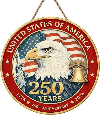 الولايات المتحدة الأمريكية الذكرى السنوية الـ 250 للديكور علامة باب النسر الخشبي 1776-2026 إكليل الحرية ديكور للباب الأمامي لافتات الحائط أكاليل الديكور علامة معلقة لمستلزمات ديكور الحائط المنزلي (1، ج) in Kuwait