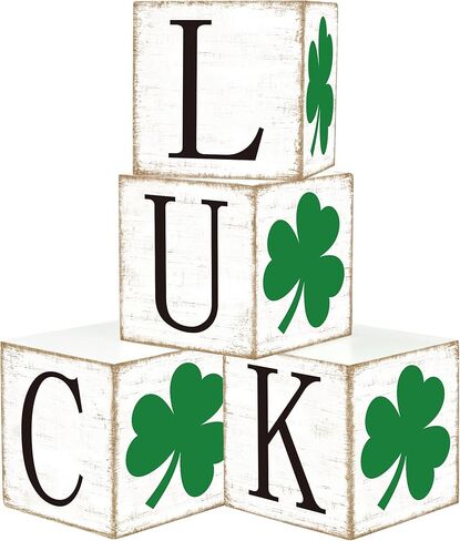 4 Pcs St. Patrick's Day Wooden Block Signs Double-Sided Shamrock Luck Tabletop Centerpiece Rustic Irish Clover Tiered Tray Decor for St. Patrick's Day Holiday Party Home Office Shelf Table Decoration in Kuwait