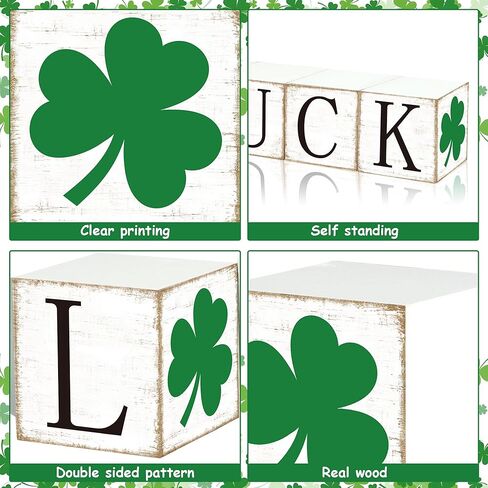 4 Pcs St. Patrick's Day Wooden Block Signs Double-Sided Shamrock Luck Tabletop Centerpiece Rustic Irish Clover Tiered Tray Decor for St. Patrick's Day Holiday Party Home Office Shelf Table Decoration in Kuwait