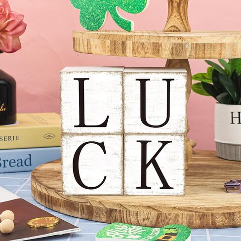 4 Pcs St. Patrick's Day Wooden Block Signs Double-Sided Shamrock Luck Tabletop Centerpiece Rustic Irish Clover Tiered Tray Decor for St. Patrick's Day Holiday Party Home Office Shelf Table Decoration in Kuwait