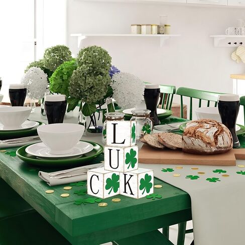 4 Pcs St. Patrick's Day Wooden Block Signs Double-Sided Shamrock Luck Tabletop Centerpiece Rustic Irish Clover Tiered Tray Decor for St. Patrick's Day Holiday Party Home Office Shelf Table Decoration in Kuwait