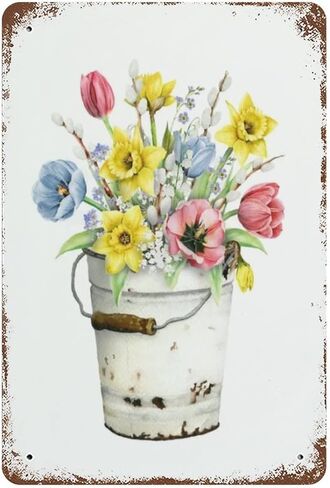VIOFLOW Daffodil Floral Bouquet Farmhouse Metal Tin Sign Spring Flowers Wall Decor Funny Decoration for Home Kitchen Bar Garage Vintage Retro Poster Plaque Tin Signs 8X12 Inches in Kuwait