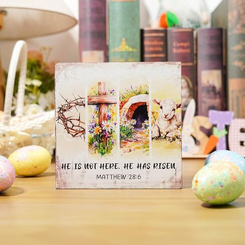 ديكورات عيد الفصح المسيحي - علامة دينية لقد قام عيد الفصح السعيد، علامات خشبية خشبية لطاولة الحمام، والحفلات المنزلية، والمكتب الداخلي، والفصول الدراسية، وهدايا ديكور المطبخ، مقاس 5×5 بوصة in Kuwait