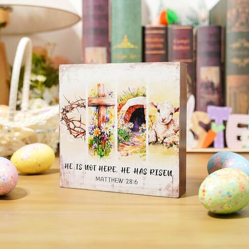 ديكورات عيد الفصح المسيحي - علامة دينية لقد قام عيد الفصح السعيد، علامات خشبية خشبية لطاولة الحمام، والحفلات المنزلية، والمكتب الداخلي، والفصول الدراسية، وهدايا ديكور المطبخ، مقاس 5×5 بوصة in Kuwait
