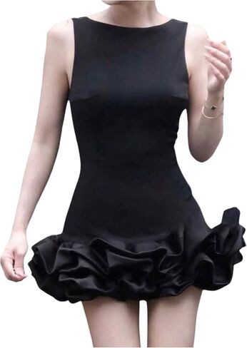 Women's Elegant Ruffle Mini Tank Dress Crew Neck Sleeveless Bodycon Evening Party Cocktail Dresses in Saudi Arabia