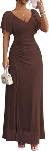 Women's Elegant Ruched Long Dress Split Thigh V Neck Short Sleeve Cocktail Dress Going Out Maxi Dresses in Saudi Arabia