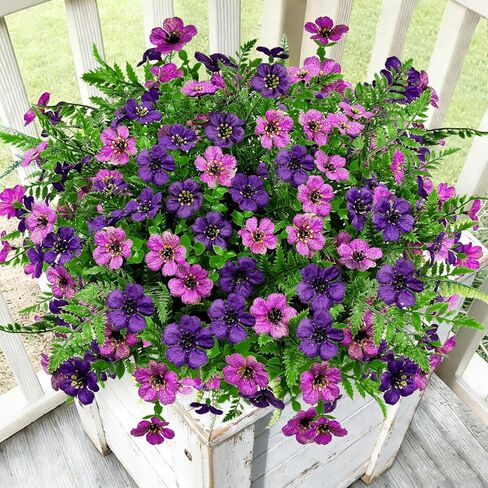 Artificial Flowers for Outdoors Decoration, 16 Bundles Silk Fake Flower with Ferns UV Resistant No Fade Faux Plants for Home Outside Planter Porch Patio Window Box Decor (Double Purple) in Saudi Arabia