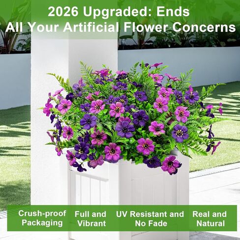Artificial Flowers for Outdoors Decoration, 16 Bundles Silk Fake Flower with Ferns UV Resistant No Fade Faux Plants for Home Outside Planter Porch Patio Window Box Decor (Double Purple) in Saudi Arabia