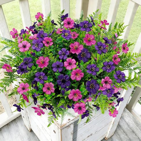 Artificial Flowers for Outdoors Decoration, 16 Bundles Silk Fake Flower with Ferns UV Resistant No Fade Faux Plants for Home Outside Planter Porch Patio Window Box Decor (Double Purple) in Saudi Arabia