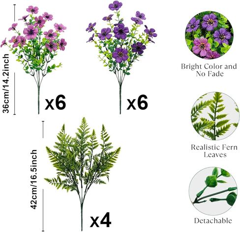 Artificial Flowers for Outdoors Decoration, 16 Bundles Silk Fake Flower with Ferns UV Resistant No Fade Faux Plants for Home Outside Planter Porch Patio Window Box Decor (Double Purple) in Saudi Arabia