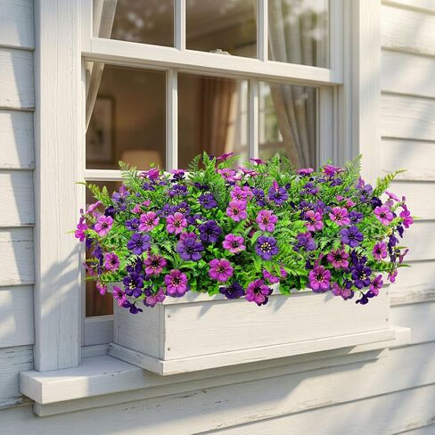 Artificial Flowers for Outdoors Decoration, 16 Bundles Silk Fake Flower with Ferns UV Resistant No Fade Faux Plants for Home Outside Planter Porch Patio Window Box Decor (Double Purple) in Saudi Arabia