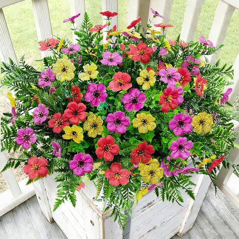 Artificial Flowers for Outdoors Decoration, 16 Bundles Silk Fake Flower with Ferns UV Resistant No Fade Faux Plants for Home Outside Planter Porch Patio Window Box Decor (Double Purple) in Saudi Arabia