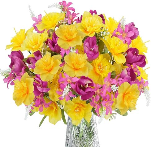 HUAESIN 4 Bundles Daffodils Artificial Flowers Narcissus Bouquets Yellow Spring Silk Fake Tulips Flowers Easter Flower Arrangement for Wedding Home Table Centerpieces Cemetery Outdoor Window Box in Kuwait