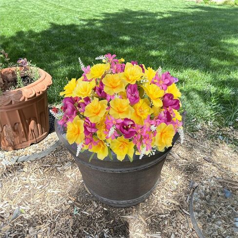 HUAESIN 4 Bundles Daffodils Artificial Flowers Narcissus Bouquets Yellow Spring Silk Fake Tulips Flowers Easter Flower Arrangement for Wedding Home Table Centerpieces Cemetery Outdoor Window Box in Kuwait