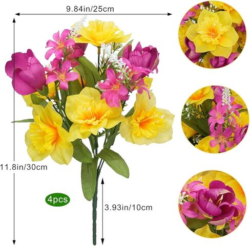 HUAESIN 4 Bundles Daffodils Artificial Flowers Narcissus Bouquets Yellow Spring Silk Fake Tulips Flowers Easter Flower Arrangement for Wedding Home Table Centerpieces Cemetery Outdoor Window Box in Kuwait