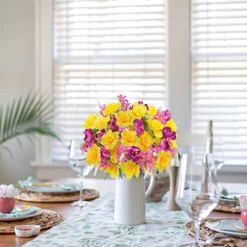 HUAESIN 4 Bundles Daffodils Artificial Flowers Narcissus Bouquets Yellow Spring Silk Fake Tulips Flowers Easter Flower Arrangement for Wedding Home Table Centerpieces Cemetery Outdoor Window Box in Kuwait