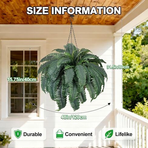 Set of 2 Faux Ferns 72 Fronds, 48" Large Fake Plants Boston Ferns with Hanging Basket UV Resistant Artificial Greenery Plant Outdoor for Front Porch Living Room Garden Decor in Kuwait