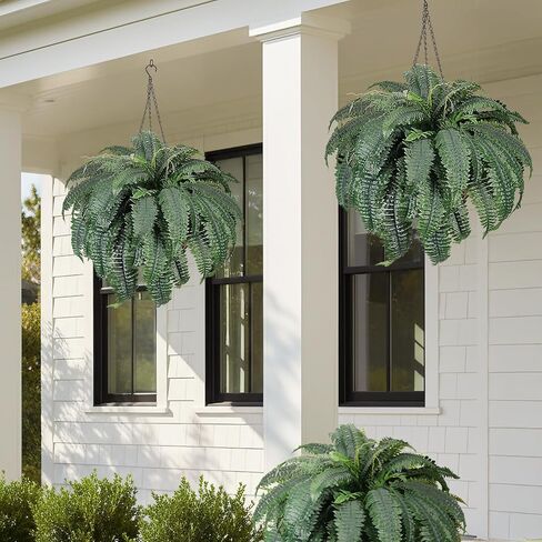 Set of 2 Faux Ferns 72 Fronds, 48" Large Fake Plants Boston Ferns with Hanging Basket UV Resistant Artificial Greenery Plant Outdoor for Front Porch Living Room Garden Decor in Kuwait