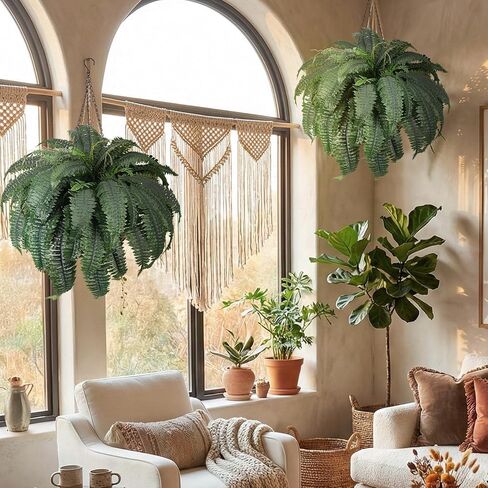 Set of 2 Faux Ferns 72 Fronds, 48" Large Fake Plants Boston Ferns with Hanging Basket UV Resistant Artificial Greenery Plant Outdoor for Front Porch Living Room Garden Decor in Kuwait