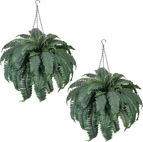Set of 2 Faux Ferns 72 Fronds, 48" Large Fake Plants Boston Ferns with Hanging Basket UV Resistant Artificial Greenery Plant Outdoor for Front Porch Living Room Garden Decor in Kuwait