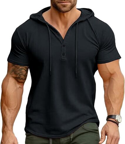 Mens Hooded Henley T Shirt Button Front Short Sleeve Casual Lightweight Breathable Tee for Everyday Wear in Saudi Arabia