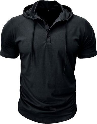 Mens Hooded Henley T Shirt Button Front Short Sleeve Casual Lightweight Breathable Tee for Everyday Wear in Saudi Arabia