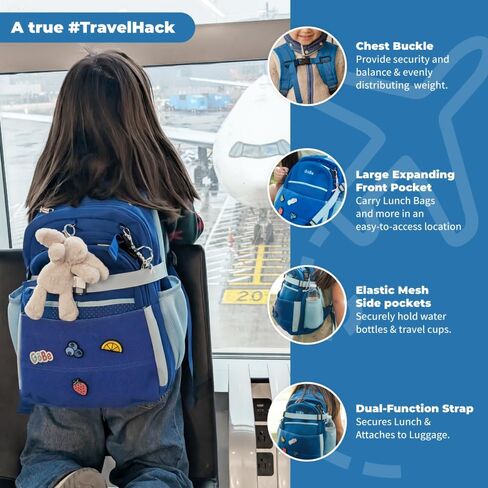 GoBe Kids Travel Backpack with Lunchbag Combo – Washable, Lightweight Luggage Backpack with Customizable Patches, Preschool, Kindergarten - Durable For Travel, School, Airplane, Ages 3-8, Blue in Kuwait