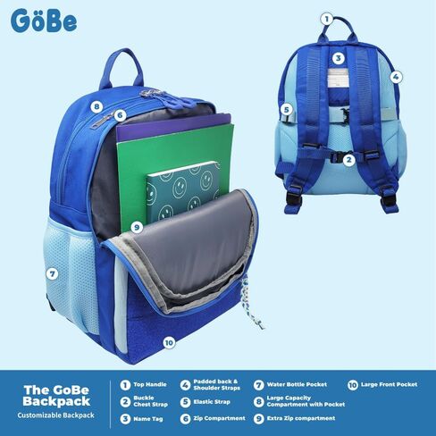 GoBe Kids Travel Backpack with Lunchbag Combo – Washable, Lightweight Luggage Backpack with Customizable Patches, Preschool, Kindergarten - Durable For Travel, School, Airplane, Ages 3-8, Blue in Kuwait