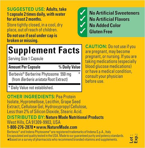 Nature Made Better Absorption Berberine Phytosome Capsules, 1100mg Per 2 Capsules Daily, Berberine Supplement for Cardiovascular Health Support, 60 Capsules, 30 Day Supply in Kuwait