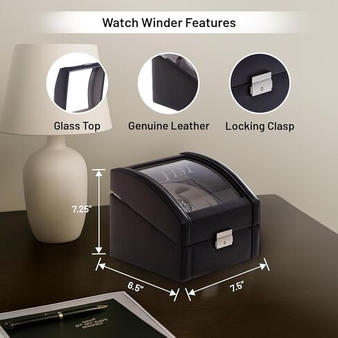 Bey-Berk Genuine Leather Dual Watch Winder (Black), Glass-Top Automatic Display Case with Locking Clasp, AC/DC Powered with 2 Watch Pillows and Selectable Rotation in Kuwait