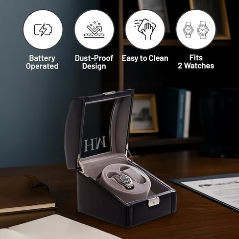 Bey-Berk Genuine Leather Dual Watch Winder (Black), Glass-Top Automatic Display Case with Locking Clasp, AC/DC Powered with 2 Watch Pillows and Selectable Rotation in Kuwait