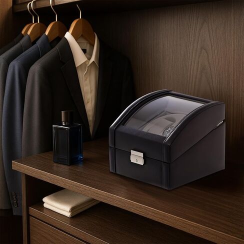 Bey-Berk Genuine Leather Dual Watch Winder (Black), Glass-Top Automatic Display Case with Locking Clasp, AC/DC Powered with 2 Watch Pillows and Selectable Rotation in Kuwait
