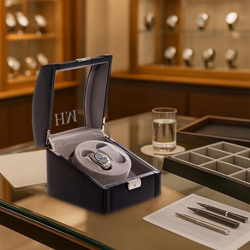 Bey-Berk Genuine Leather Dual Watch Winder (Black), Glass-Top Automatic Display Case with Locking Clasp, AC/DC Powered with 2 Watch Pillows and Selectable Rotation in Kuwait