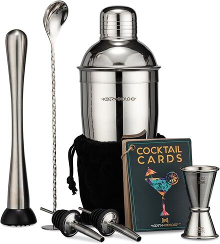 Mixology Cocktail Shaker Set Drink Mixer, 8-Piece Portable Bartender Kit with 24oz Martini Shaker Barware Tool Set, 2 Pourers, Muddler, Jigger, Mixing Spoon, Velvet Bag, Built-in Strainer (Black) in Saudi Arabia