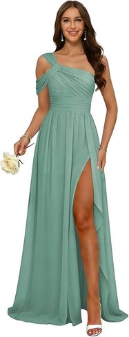 فساتين وصيفة العروس من الشيفون بكتف واحد من ForElise للنساء مكشكشة على شكل حرف A فستان رسمي طويل مع فتحة ذات ثنيات للحفلات الراقصة in Kuwait