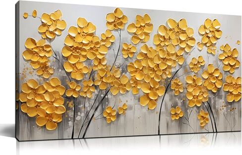 SKYRISE مجردة الذهب الأصفر الزهور / زهرة جدار ديكور فني لغرفة المعيشة، الحديثة قماش الفن الزخرفية صورة طباعة العمل الفني لمكتب غرفة النوم، حجم 40x20 بوصة in Kuwait