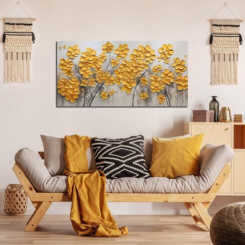 SKYRISE مجردة الذهب الأصفر الزهور / زهرة جدار ديكور فني لغرفة المعيشة، الحديثة قماش الفن الزخرفية صورة طباعة العمل الفني لمكتب غرفة النوم، حجم 40x20 بوصة in Kuwait