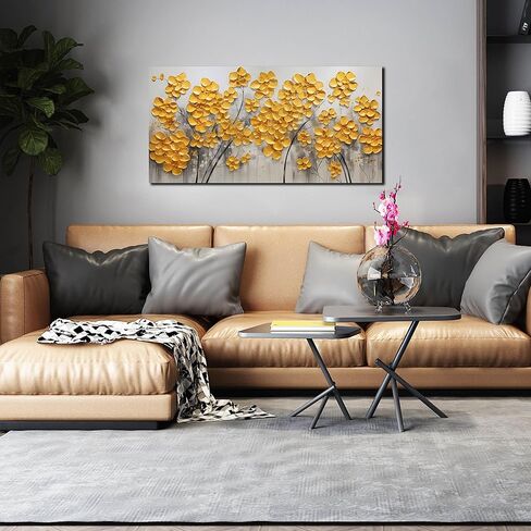 SKYRISE مجردة الذهب الأصفر الزهور / زهرة جدار ديكور فني لغرفة المعيشة، الحديثة قماش الفن الزخرفية صورة طباعة العمل الفني لمكتب غرفة النوم، حجم 40x20 بوصة in Kuwait