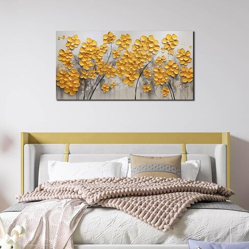 SKYRISE مجردة الذهب الأصفر الزهور / زهرة جدار ديكور فني لغرفة المعيشة، الحديثة قماش الفن الزخرفية صورة طباعة العمل الفني لمكتب غرفة النوم، حجم 40x20 بوصة in Kuwait