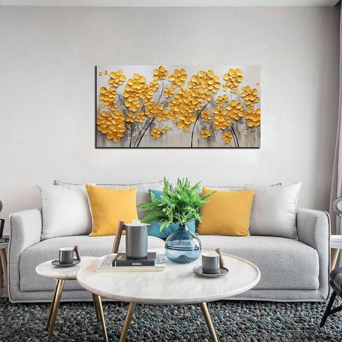 SKYRISE مجردة الذهب الأصفر الزهور / زهرة جدار ديكور فني لغرفة المعيشة، الحديثة قماش الفن الزخرفية صورة طباعة العمل الفني لمكتب غرفة النوم، حجم 40x20 بوصة in Kuwait