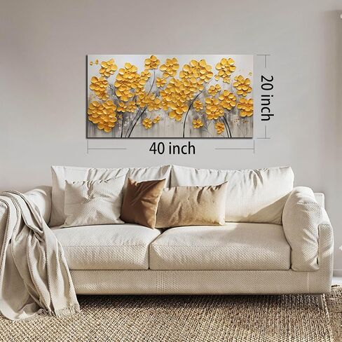 SKYRISE مجردة الذهب الأصفر الزهور / زهرة جدار ديكور فني لغرفة المعيشة، الحديثة قماش الفن الزخرفية صورة طباعة العمل الفني لمكتب غرفة النوم، حجم 40x20 بوصة in Kuwait