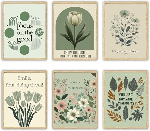 6Pcs Sage Green Mental Health Canvas Wall Art Offices Sage Motivational Poster Print Inspiring green wildflowers Pictuer Boho Floral Wall Deocr for School Therapy Home Decor in Kuwait