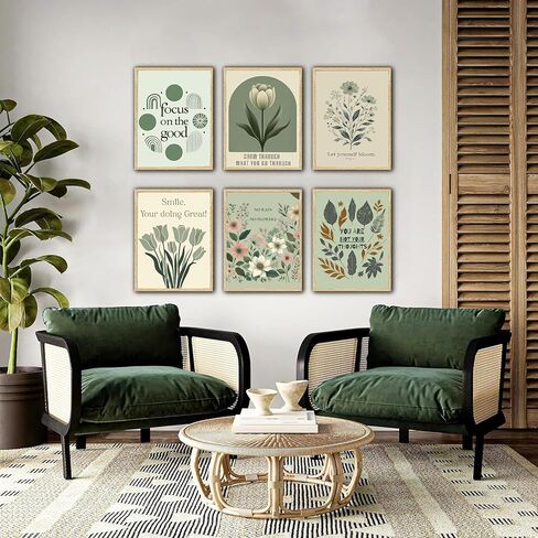 6Pcs Sage Green Mental Health Canvas Wall Art Offices Sage Motivational Poster Print Inspiring green wildflowers Pictuer Boho Floral Wall Deocr for School Therapy Home Decor in Kuwait