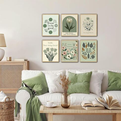 6Pcs Sage Green Mental Health Canvas Wall Art Offices Sage Motivational Poster Print Inspiring green wildflowers Pictuer Boho Floral Wall Deocr for School Therapy Home Decor in Kuwait