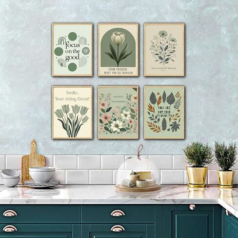 6Pcs Sage Green Mental Health Canvas Wall Art Offices Sage Motivational Poster Print Inspiring green wildflowers Pictuer Boho Floral Wall Deocr for School Therapy Home Decor in Kuwait