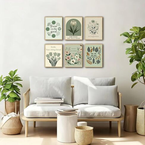6Pcs Sage Green Mental Health Canvas Wall Art Offices Sage Motivational Poster Print Inspiring green wildflowers Pictuer Boho Floral Wall Deocr for School Therapy Home Decor in Kuwait
