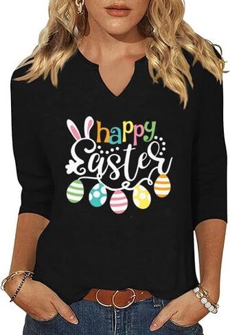 3/4 Sleeve V Neck Shirts for Women Cute Bunny Easter Eggs Graphic Shirts Spring Outdoor Comfort Tops Blouse in Kuwait
