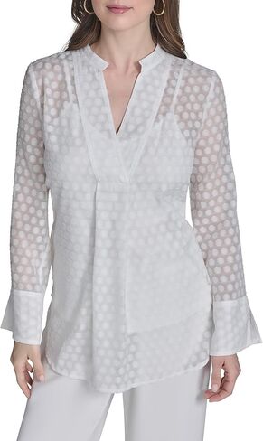 H Halston Womens Long Sleeve V-Neck Dotted Chiffon Top in Kuwait